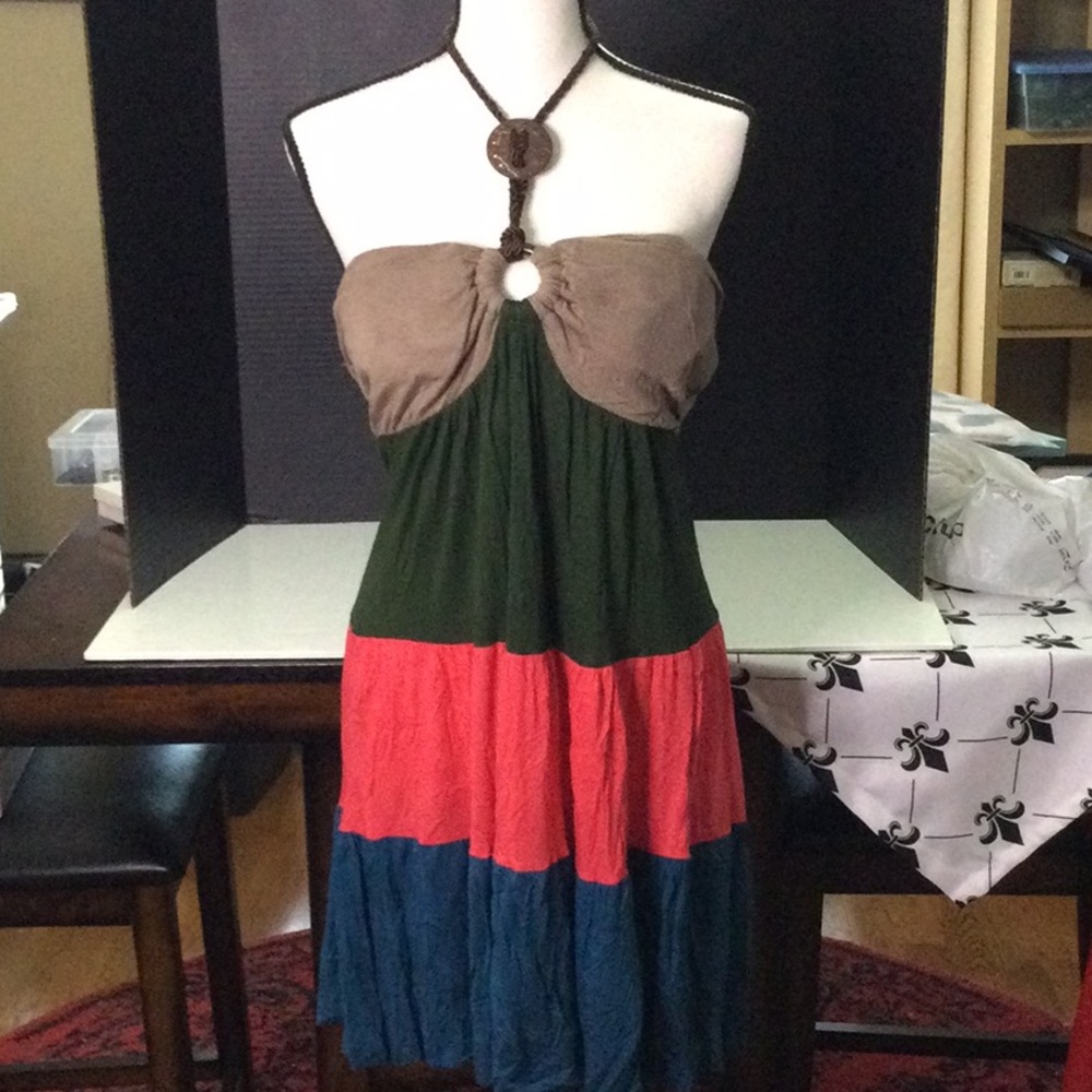Strapless Multi-Colored Striped Dress with Decorative Brown Strap Tie